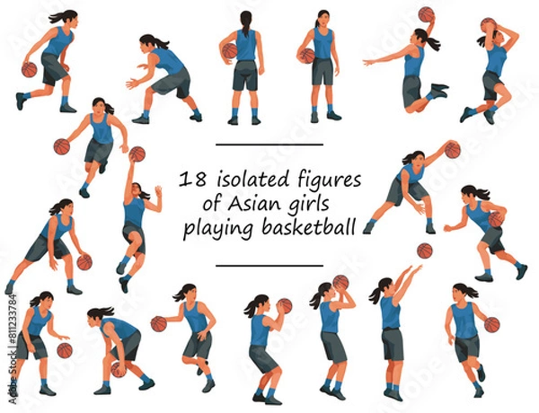Obraz 18 of Thai or Japan girls playing women's basketball in blue jersey standing with ball, running, jumping, throwing, shooting, dunking, passing