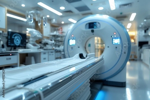 Fototapeta An image showcasing a modern and sophisticated CT scanner in a clinical setting poised for medical diagnostics