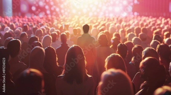 Fototapeta Group People in audience at the conference hall, Speaker giving a talk in conference hall at business event, Business and entrepreneurship concept. Generative AI. hyper realistic 