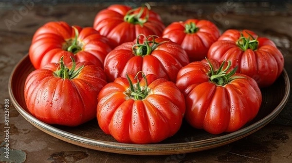 Fototapeta   A wooden table is adorned with numerous red tomatoes and water droplets