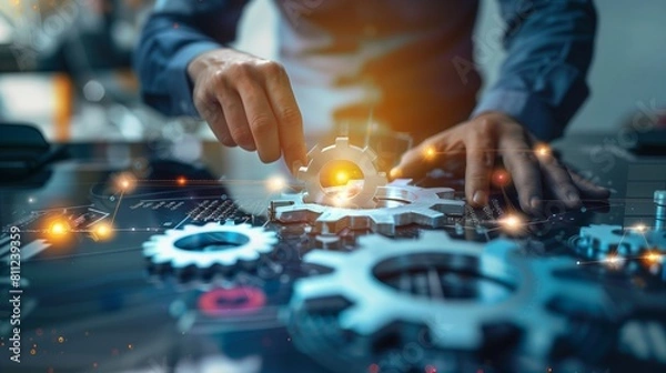 Obraz Dynamic business environment showcasing the concept of business agility, with symbols representing company transformation towards higher efficiency and rapid adaptation to market changes.