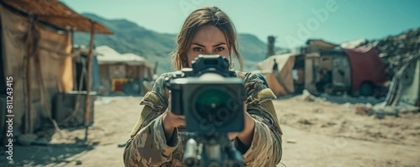 Obraz Focused soldier taking a photo in encampment