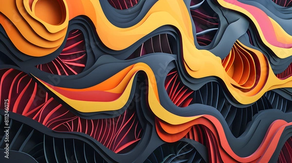 Fototapeta 3D paper cut background inspired by the rhythms and patterns of music, with flowing lines and dynamic shapes that evoke the sensation of sound waves pulsating through space
