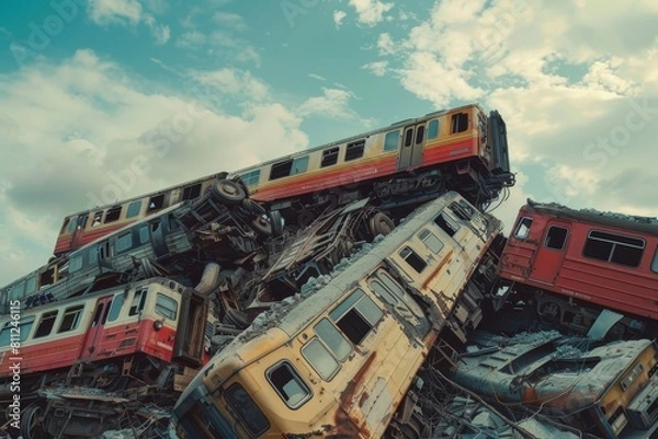 Fototapeta A collection of train cars stacked on a mound of rubble, A jumble of train cars piled on top of each other in a mangled mess