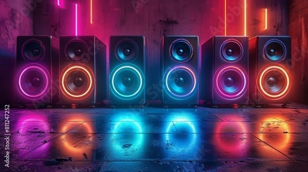 Obraz Outlines of 4 speaker in neon lights. Generative AI.
