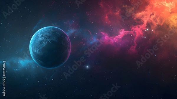 Fototapeta abstract colorful space and planet on dark background with copy space
