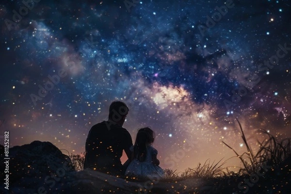 Fototapeta A man and a little girl looking up at the starry sky together, A little girl and her dad sharing a sweet moment under a starry sky