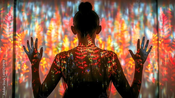 Fototapeta Virtual reality art gallery with immersive digital exhibits, visitors wearing VR headsets and exploring digital artworks