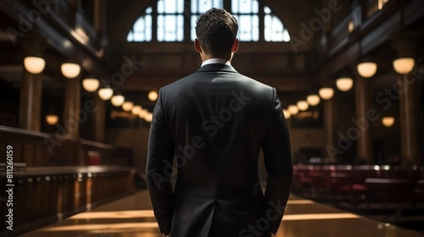 Fototapeta A dramatic shot of an attorney standing alone in a courthouse corridor, looking worried and contemplative, capturing the personal strain of handling a legal crisis