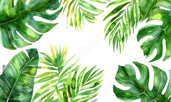Obraz Watercolor frame with tropical leaves and jungle plants	