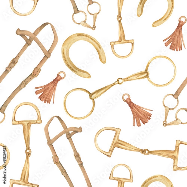 Fototapeta Seamless pattern with watercolor illustration of golden snaffle, bridle, horseshoes, bit with D-Ring and circle rings. Equipment for horse riding set. Isolated. For cards, prints, decor