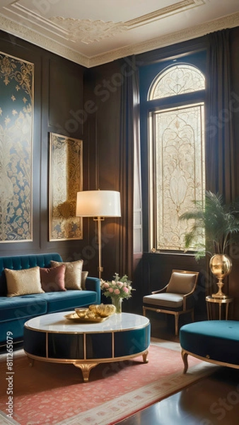 Fototapeta Luxurious Fusion: Modern Interior with Art Nouveau Influence, background for cellphone, mobile phone, ios, android, instagram stories