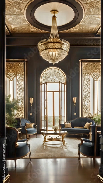 Fototapeta Luxurious Fusion: Modern Interior with Art Nouveau Influence, background for cellphone, mobile phone, ios, android, instagram stories
