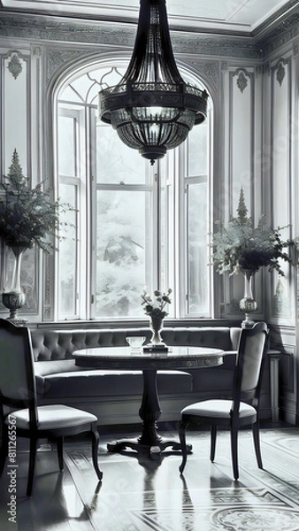 Fototapeta Timeless Elegance: Modern Interior Inspired by Old Engraving, background for cellphone, mobile phone, ios, android, instagram stories