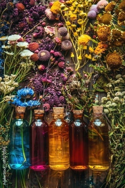 Fototapeta Bottles with herbal tinctures on a background of dried medicinal herbs. Selective focus.