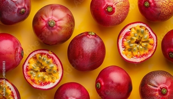 Fototapeta Passion fruit pattern on yellow background. Top view, flat lay