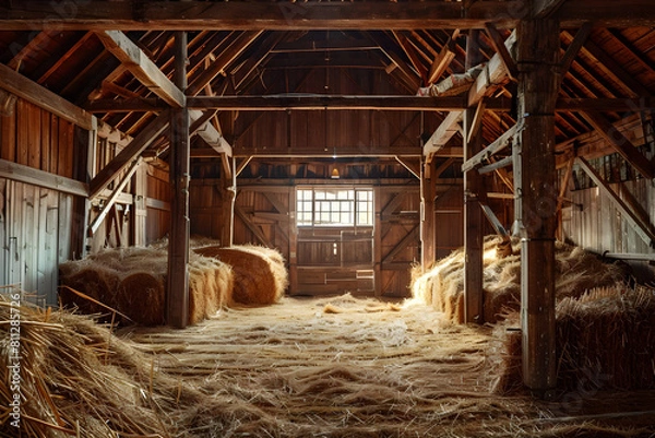 Fototapeta Atmospheric interior of old wooden barn with hay and straw. Morning sunlight in barn. Rustic style. Rural life and farm concept. Design for banner, poster with copy space