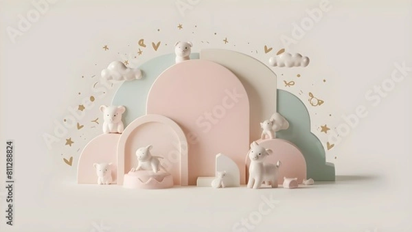 Fototapeta 3D arches as background with baby colors as a background with cute 3D animals for baby products photography background