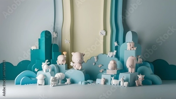 Fototapeta Baby blue, beige and cyan colors with pattern wall as a background with cute 3D animals for baby products photography background