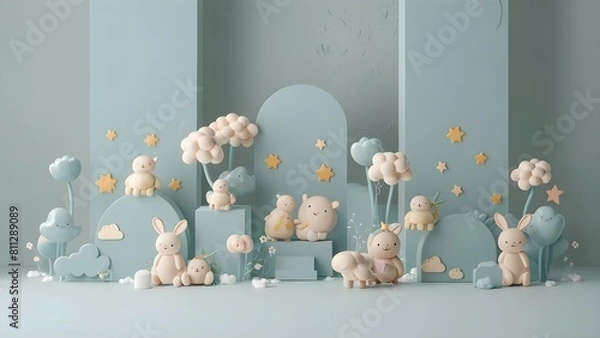 Fototapeta Soft cyan pastel colors with off cyan wall as a background with cute 3D animals for baby products photography background