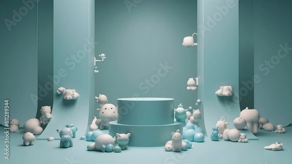 Fototapeta Cyan 3D podium with cyan wall as a background with cute animals vectors for baby products photography background