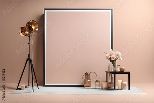 Fototapeta Minimalistic frame on the wall as a sophisticated background for background with beige colored wall for baby's product photography background