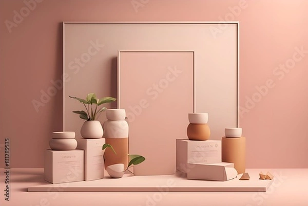 Fototapeta Beige colored blank frame on the wall as a background for background with beige colored wall for baby products photography background