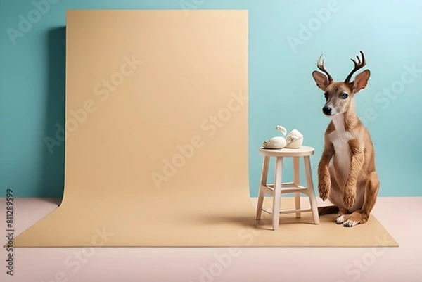 Fototapeta Golden ratio soft yellow color as backdrop with cute kangaroo for background, product photography background