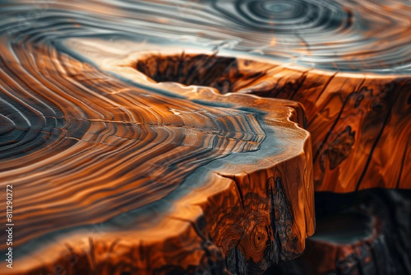 Fototapeta Live edge wooden coffee table close up. Interior design of modern living room. Created with generative AI
