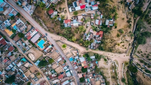 Fototapeta An overhead photo of a country border with poverty on one side the border and a wealthy neighborhood on the other side.