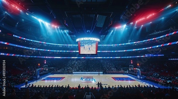 Fototapeta promotion banner for the premiere of the NBA match , basketball Arena , Generative Ai 