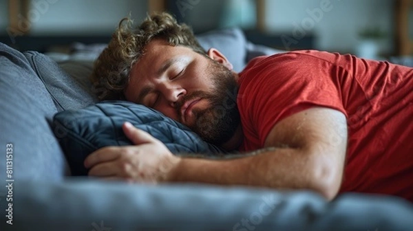 Obraz Lazy Day Oversized Fat Man Sleeping on the Couch Sofa Wearing a Red T-Shirt