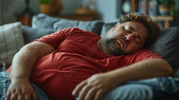 Fototapeta Lazy Day Oversized Fat Man Sleeping on the Couch Sofa Wearing a Red T-Shirt
