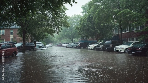 Fototapeta a colossal rainstorm, with the park parking lot transformed into a submerged landscape, cars engulfed up to their windows, amidst the stormy summer weather.