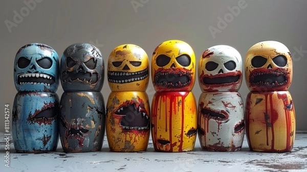 Fototapeta A row of evil wooden toys with painted faces and mouths, AI