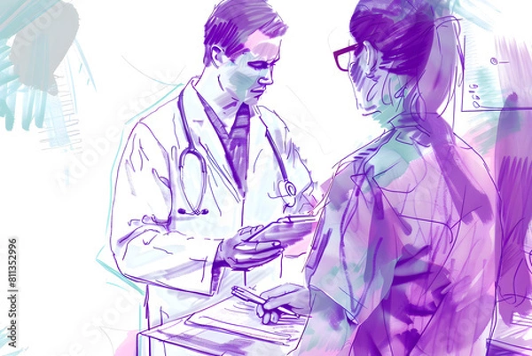 Obraz An artistic illustration of a doctor in a white coat consulting a patient in a clinical setting with purple hues