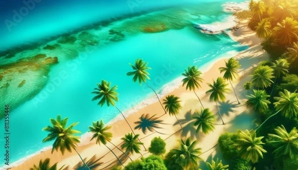 Fototapeta Top view of sun-drenched beach with turquoise waters and palms. Summer background