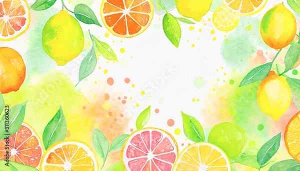 Fototapeta Colorful painted watercolor citrus fruit summer food background frame border for menu, stationary, invite, backdrop, wallpaper, in bright happy colors of yellow orange green and pink.