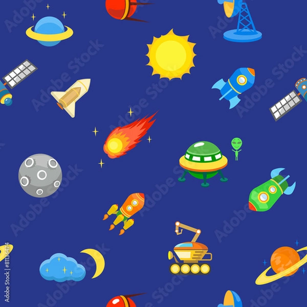Fototapeta Seamless space pattern.  Planets, rockets and stars. Cartoon