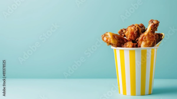 Obraz bucket of crispy fried chicken wings in a striped container on a light blue background, with copy space for text