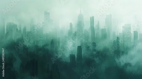Fototapeta A city skyline is shown in a foggy, misty atmosphere. The buildings are tall and the sky is filled with clouds. Scene is one of mystery and uncertainty