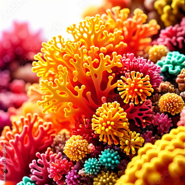 Obraz A vibrant and colorful display of coral, with various shades of yellow, pink, red, blue, and green.