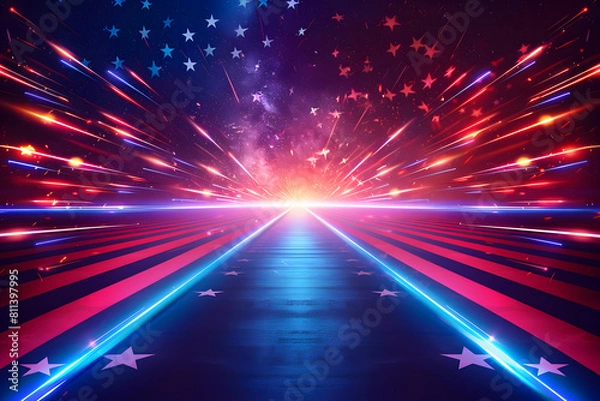 Fototapeta American Flag colors and fireworks mockup background with copy space . 4 July independence day concept celebration