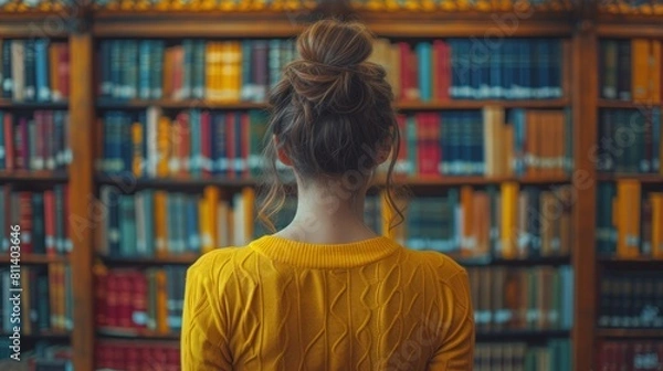 Fototapeta 本棚とお団子ヘアの女性,Generative AI AI画像