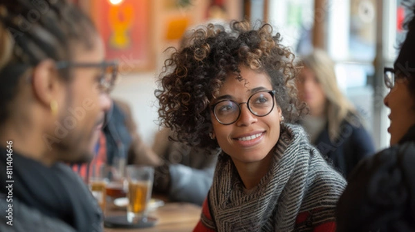 Fototapeta Portrait of a cheerful young woman with glasses smiling warmly in a lively cafe setting.