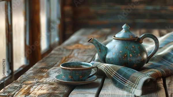 Fototapeta A ceramic tea pot and cup on a rustic wooden table with a plaid tablecloth