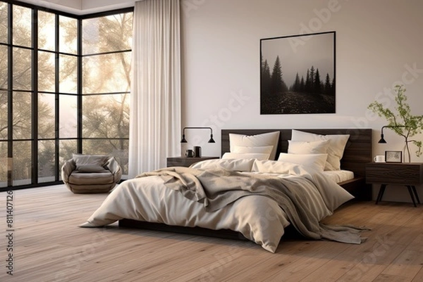 Fototapeta a bedroom with a large bed and a large window