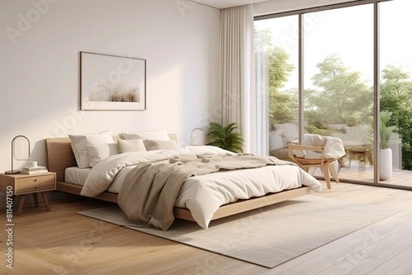 Fototapeta a bedroom with a large bed and a large window