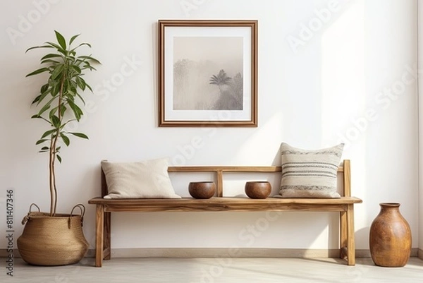 Fototapeta Wooden bench with pillows and wall picture, enhancing interior design