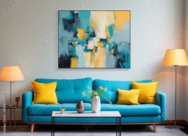 Fototapeta Living room with an azure couch and a painting on the wall